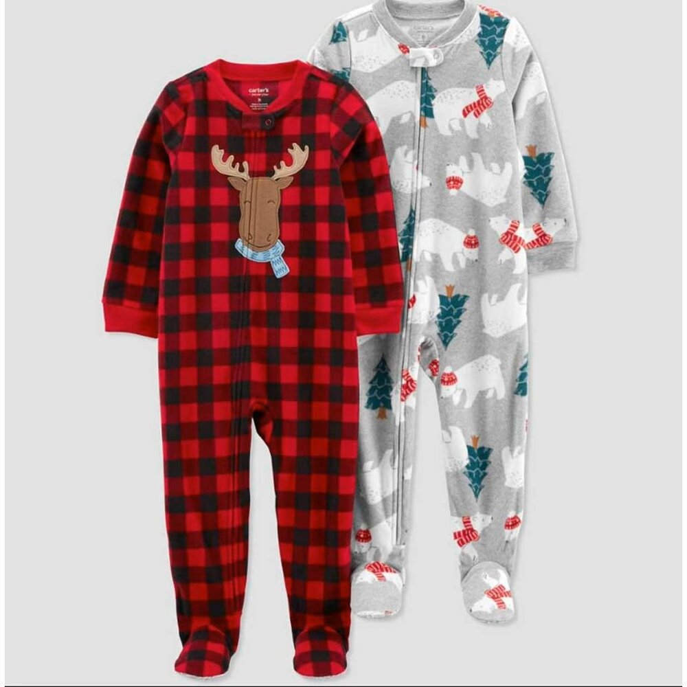 Carter's Boys Just One You Buffalo Checkered Reindeer/Polar Bear Footed Pajamas